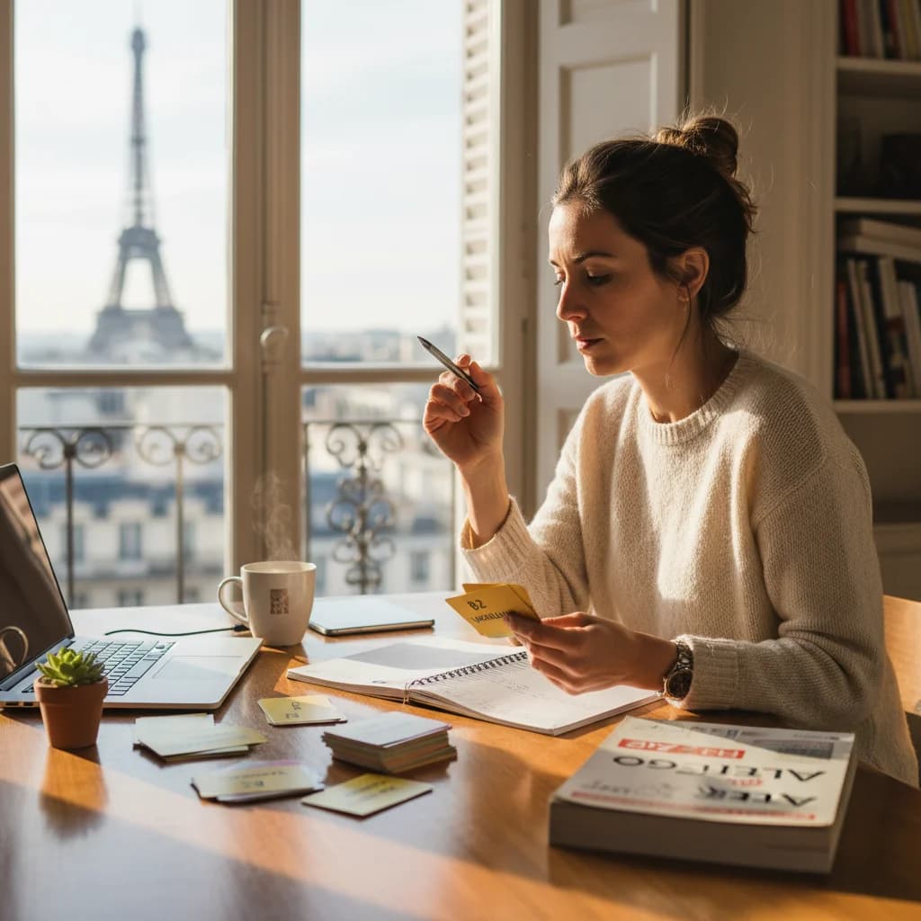 French B2 exam preparation with vocabulary flashcards and DELF study materials on a desk French B2 exam preparation with vocabulary flashcards and DELF study materials on a desk