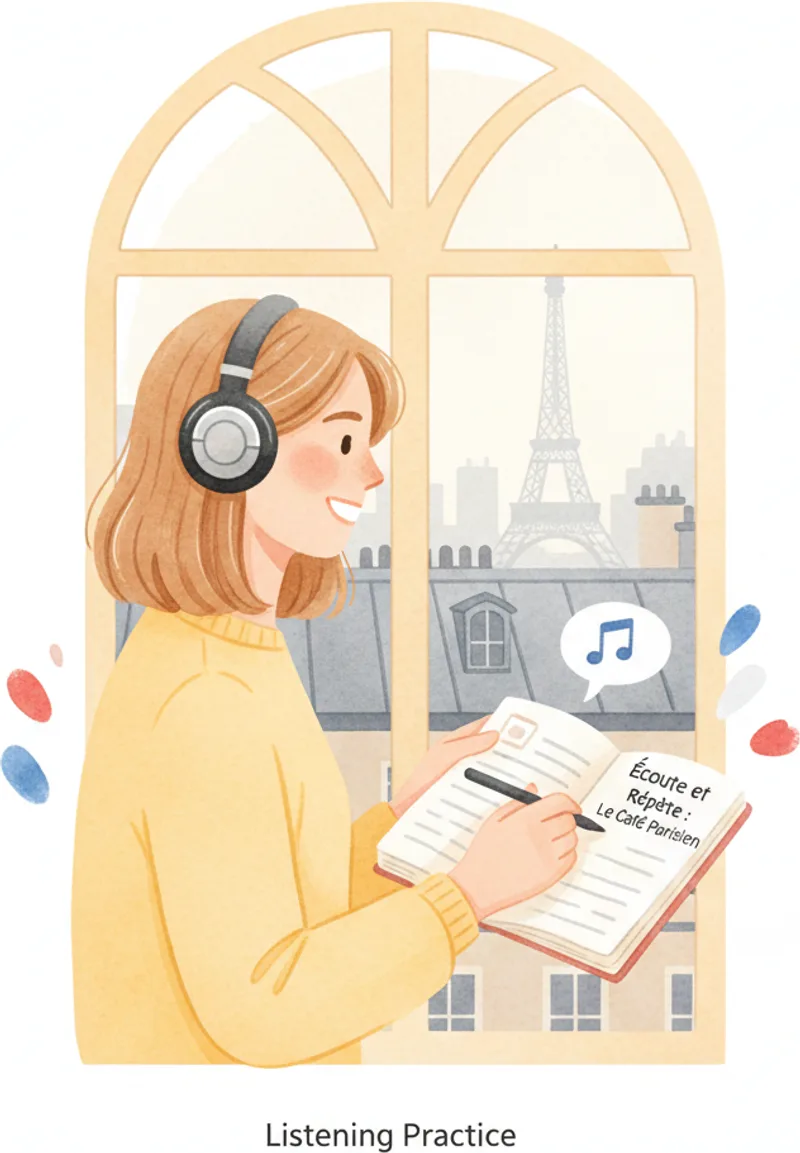 Person wearing headphones studying French with notes — DELF B2 listening practice Person wearing headphones studying French with notes — DELF B2 listening practice