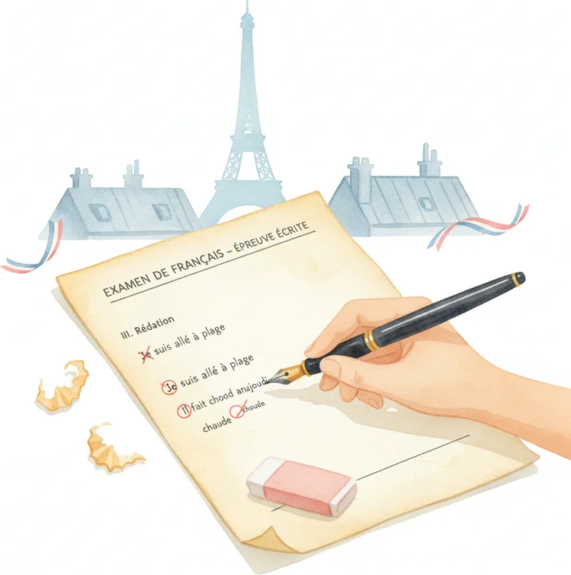 Hand with a pink eraser on a structured writing worksheet — revising DELF B2 written answers Hand with a pink eraser on a structured writing worksheet — revising DELF B2 written answers