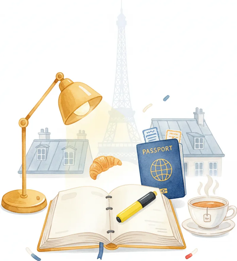 Professional at a desk with an Eiffel Tower folder and stamped documents — DELF B1 French citizenship prep Professional at a desk with an Eiffel Tower folder and stamped documents — DELF B1 French citizenship prep