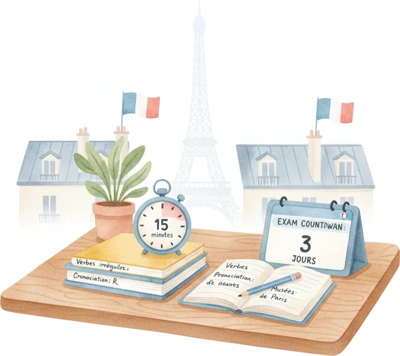 Timer, handwritten notes, and coffee on a wooden table, blue-white-red wire skyline of Paris — DELF B2 exam countdown Timer, handwritten notes, and coffee on a wooden table, blue-white-red wire skyline of Paris — DELF B2 exam countdown